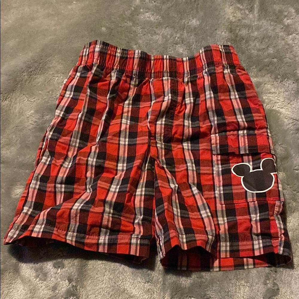 Red Plaid Men's Shorts with Mickey Mouse Design